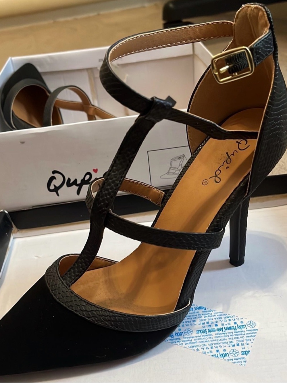 Qupid Black Textured Strappy Pointed-Toe High Heels